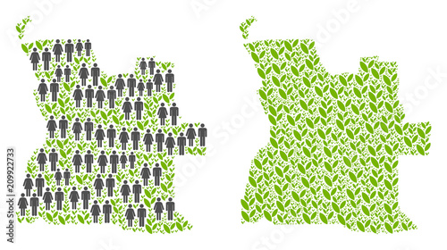 People population and eco Angola map. Vector composition of Angola map made of scattered people and agriculture elements in different sizes. Abstract social scheme of national audience cartography.