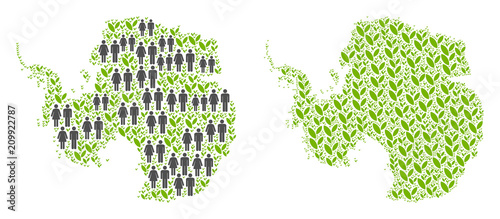 People population and eco Antarctica map. Vector pattern of Antarctica map done of scattered people and grass elements in variable sizes.