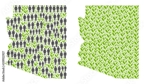 People population and ecology Arizona State map. Vector mosaic of Arizona State map formed of random person and flora elements in various sizes.