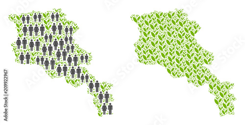 People population and ecology Armenia map. Vector pattern of Armenia map formed of randomized crowd and blossom elements in different sizes. Abstract social plan of nation group cartography.