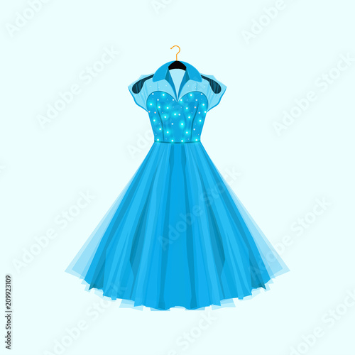 Retro style blue party dress. Vector fashion illustration. Dress with decor.