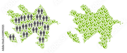 People population and ecology Azerbaijan map. Vector collage of Azerbaijan map designed of random people and blossom items in different sizes. Abstract social plan of national audience cartography.