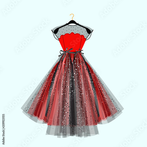 Black and red fancy dress for special event with decor. Vector Fashion illustration for online shop photo