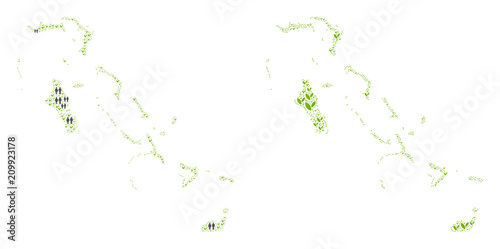 People population and flora plants Bahamas Islands map. Vector mosaic of Bahamas Islands map made of scattered man and woman and flora elements in various sizes.