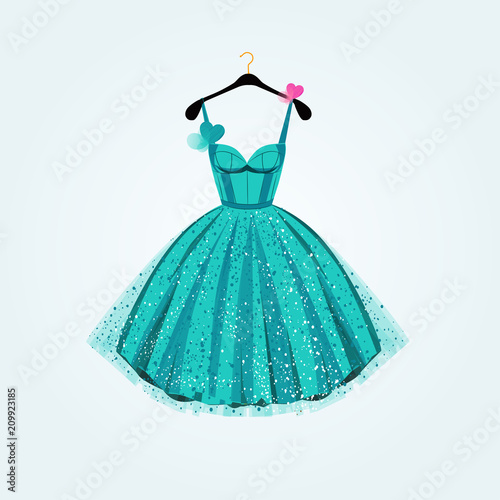 Blue birthday  party dress with bow heart. Fashion illustration for invitation card