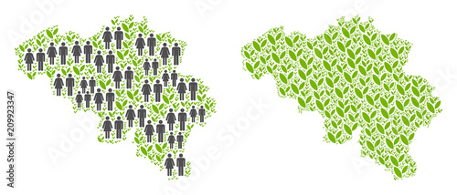 People population and environment Belgium map. Vector pattern of Belgium map organized of randomized person and flora items in variable sizes. Abstract social presentation of nation mass cartography.