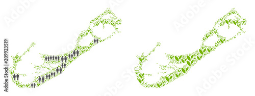 People population and grass Bermuda Island map. Vector abstraction of Bermuda Island map organized of random male and female and plantation elements in different sizes.