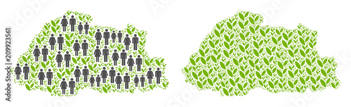 People population and floral Bhutan map. Vector composition of Bhutan map constructed of randomized gender and flora items in variable sizes. Abstract social plan of nation mass cartography.