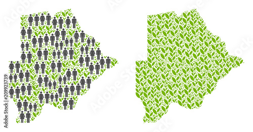 People population and environment Botswana map. Vector abstraction of Botswana map organized of scattered male and female and sprout elements in variable sizes.