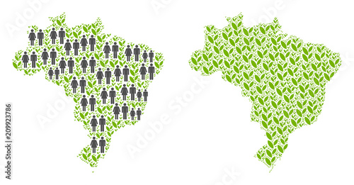People population and flora plants Brazil map. Vector collage of Brazil map created of random gender and flora items in different sizes. Abstract social representation of nation public cartography.