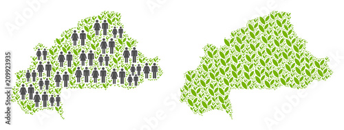 People population and flora plants Burkina Faso map. Vector mosaic of Burkina Faso map designed of random people and blossom elements in variable sizes.