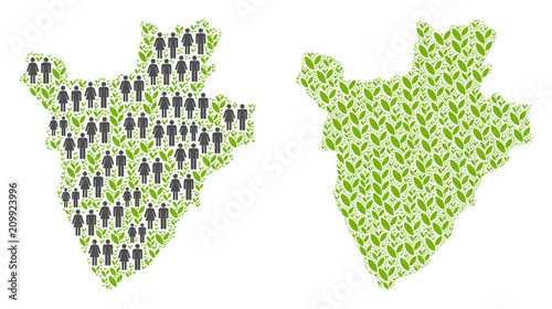 People population and floral Burundi map. Vector mosaic of Burundi map designed of scattered lady and gentleman and flora items in variable sizes. Abstract social plan of nation audience cartography.