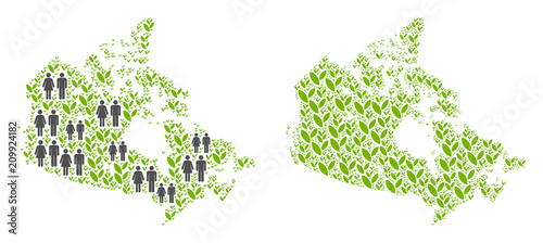 People population and green plants Canada map. Vector pattern of Canada map combined of scattered people and grass elements in different sizes. Abstract social scheme of national audience cartography.