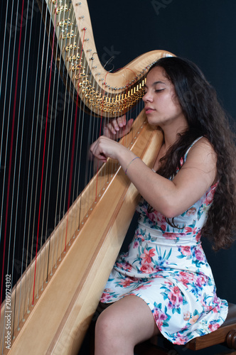 Close-up of a beautiful girl with long brown hair playing the harp. Detail of a woman playing the harp