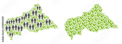 People population and green plants Central African Republic map. Vector concept of Central African Republic map created of random human and plantation items in different sizes.