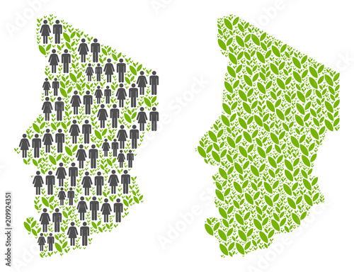 People population and eco Chad map. Vector collage of Chad map done of scattered people and plant items in different sizes. Abstract social scheme of nation audience cartography.