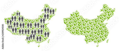 People population and eco China map. Vector pattern of China map combined of scattered men and woman and grass items in different sizes. Abstract social plan of national group cartography.