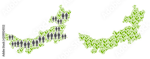 People population and environment Chinese Inner Mongolia map. Vector pattern of Chinese Inner Mongolia map done of scattered people and flora elements in various sizes.