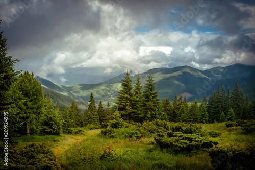 Fotografie Beautiful mountains and blue sky in the Carpathians. Ukraine.
