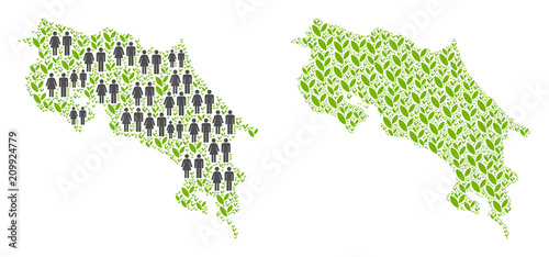 People population and environment Costa Rica map. Vector composition of Costa Rica map made of random people couple and agriculture items in different sizes.