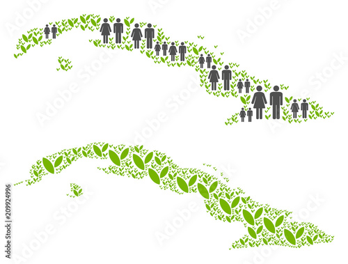 People population and green plants Cuba map. Vector mosaic of Cuba map composed of randomized family and sprout items in variable sizes. Abstract social representation of nation audience cartography.