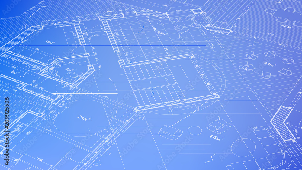 architectural blueprint - the architectural plan of a modern residential building with the layout of the interiors of different rooms, elements of furniture & equipment on a  technological background