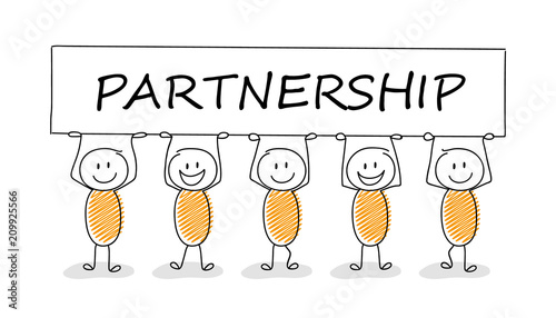 Business illustration concept with cartoon stickman holding board with text: partnership. Vector.
