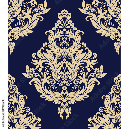 Seamless blue background with beige pattern in baroque style. Vector retro illustration. Ideal for printing on fabric or paper. 
