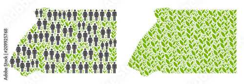 People population and environment Equatorial Guinea map. Vector abstraction of Equatorial Guinea map formed of scattered people and plant elements in different sizes.