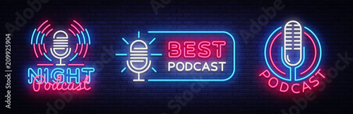 Podcast Neon sign collection vector design template. Podcast neon logo, light banner design element colorful modern design trend, night bright advertising, bright sign. Vector illustration