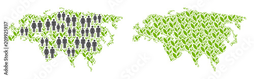 People population and grass Eurasia map. Vector concept of Eurasia map made of randomized gender and plantation items in variable sizes. Abstract social scheme of national group cartography.