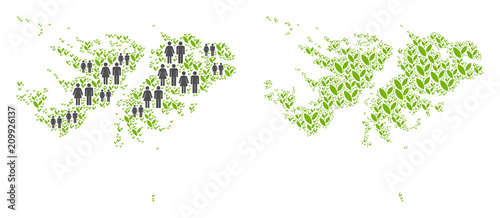 People population and ecology Falkland Islands map. Vector concept of Falkland Islands map constructed of scattered family and flora elements in different sizes.