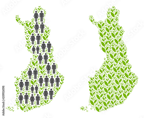 People population and grass Finland map. Vector collage of Finland map organized of randomized man and woman and plantation items in variable sizes. Abstract social plan of nation mass cartography.