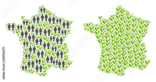 People population and flora France map. Vector collage of France map constructed of scattered male and female and blossom items in various sizes.