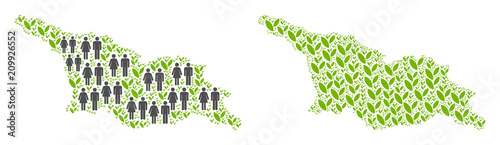 People population and floral Georgia map. Vector pattern of Georgia map constructed of scattered people and flora items in variable sizes. Abstract social visualization of nation public cartography.