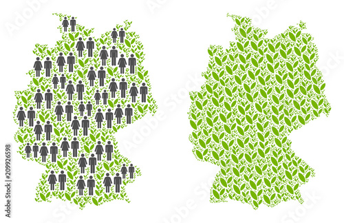 People population and ecology Germany map. Vector collage of Germany map done of randomized person and agriculture elements in various sizes. Abstract social scheme of nation mass cartography.