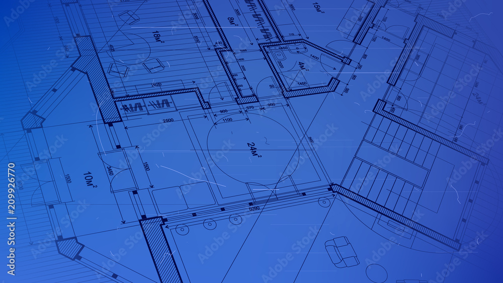 architectural blueprint - the architectural plan of a modern residential building with the layout of the interiors of different rooms, elements of furniture & equipment on a technological background architectural blueprint - the architectural plan of a modern residential building with the layout of the interiors of different rooms, elements of furniture & equipment on a technological background