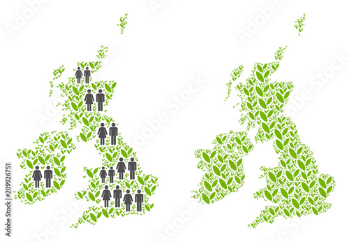 People population and environment Great Britain and Ireland map. Vector mosaic of Great Britain and Ireland map designed of randomized person and blossom elements in variable sizes.