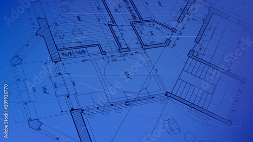 architectural blueprint - the architectural plan of a modern residential building with the layout of the interiors of different rooms, elements of furniture & equipment on a  technological background