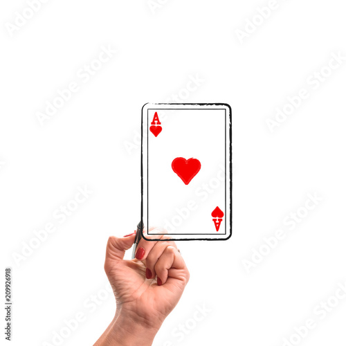 woman hand with pencil draws Ace of Heart Card on white isolated 
