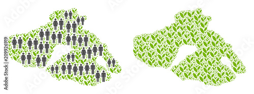 People population and grass Greek Lesbos Island map. Vector collage of Greek Lesbos Island map created of scattered human and flora items in various sizes.
