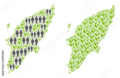 People population and flora Greek Rhodes Island map. Vector composition of Greek Rhodes Island map composed of randomized people couple and flora elements in variable sizes.