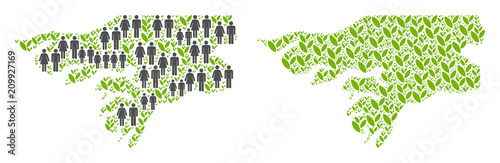 People population and environment Guinea-Bissau map. Vector concept of Guinea-Bissau map created of scattered male and female and plant elements in different sizes.