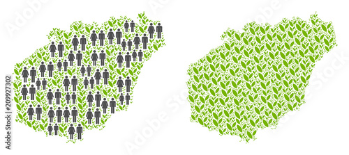 People population and grass Hainan Island map. Vector mosaic of Hainan Island map formed of random people couple and plantation items in variable sizes.