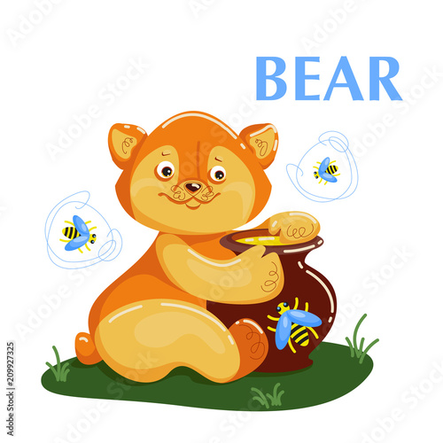 Educational flashcard bear eating the honey and flying bee