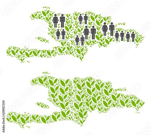 People population and flora Haiti and Dominican Republic map. Vector composition of Haiti and Dominican Republic map composed of random gender and plant elements in variable sizes.