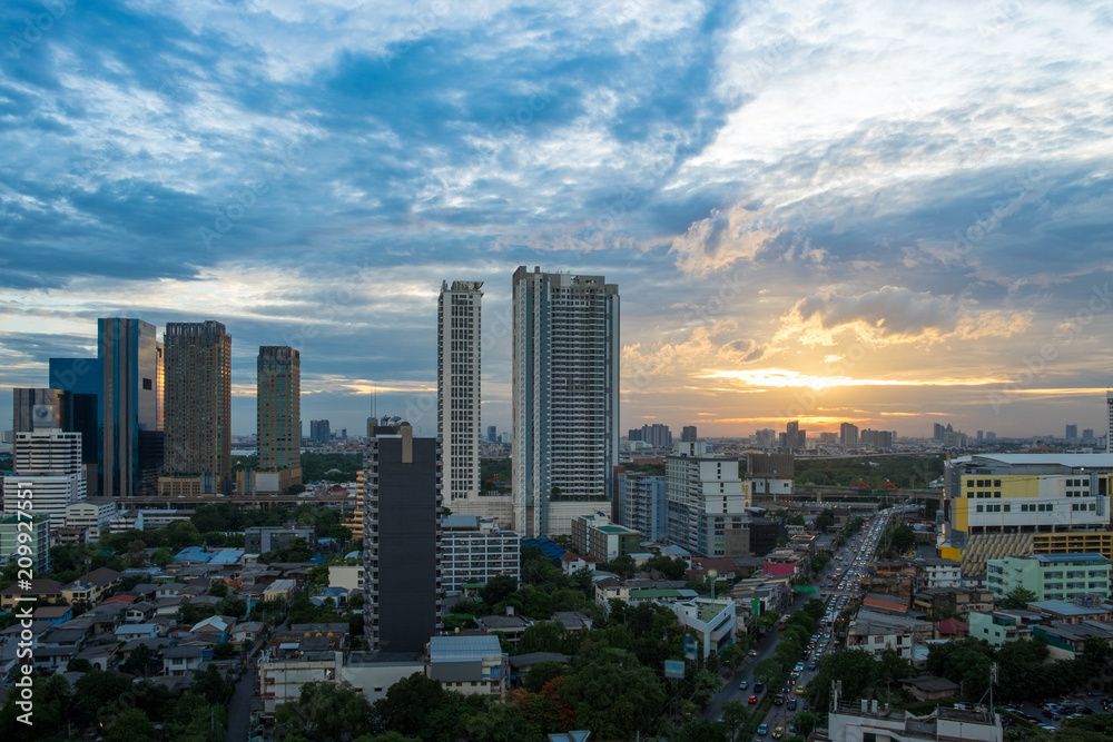 cityscape view of beautiful sky blue and orange color and building.Landscape sunset scene.