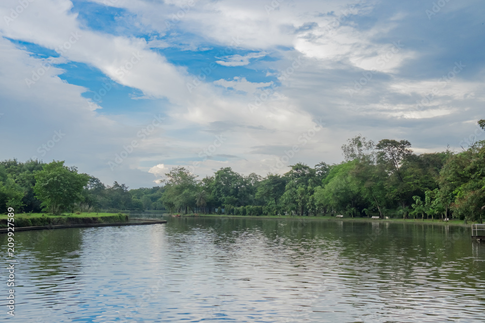 View of a with lake and three with cloudy sky blue color.beautiful landscape scene.