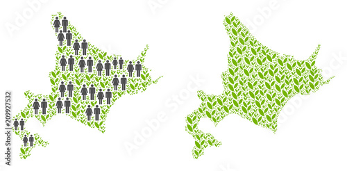 People population and flora Hokkaido Island map. Vector pattern of Hokkaido Island map made of randomized crowd and plantation elements in different sizes.