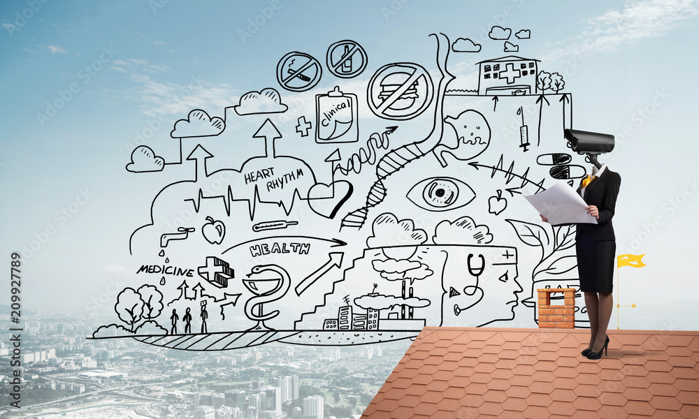 Concept of home security and privacy protection with camera headed woman